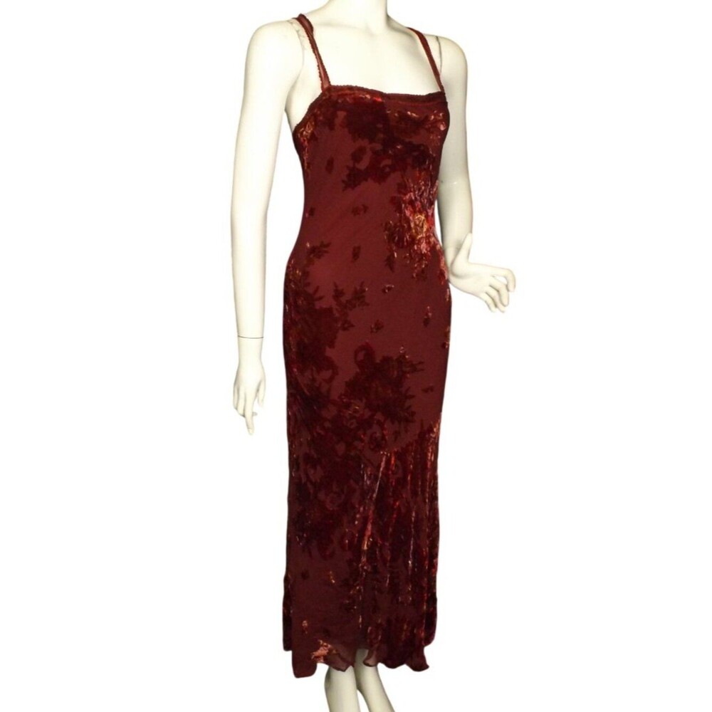 BETSEY JOHNSTON Maxi Dress, L, Dark Red Burnout Velvet, Straps, Back Zip,VINTAGE - Picture 3 of 12